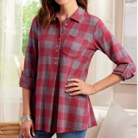 Soft Surroundings Tops - Soft Surroundings Red Gray Plaid Women's Tunic Top Cottagecore Country